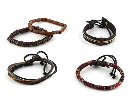 HZMAN Handmade Hemp Cords Wood Beads Leather Bracelets for Men Women - style: Classic Style