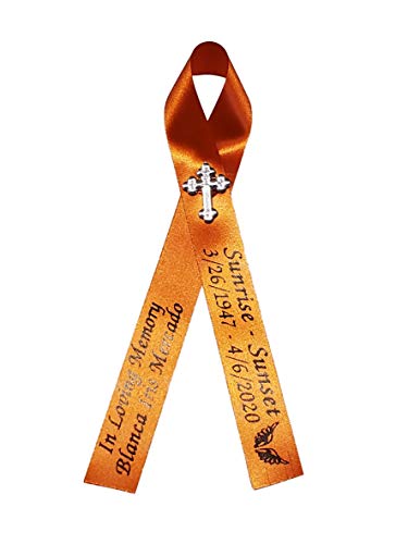 Personalized Memorial Service Funeral Ribbon Pins 20 Cross Religious Celebration of Life Custom Made Awareness Remembrance Anniversary Death Cross Sympathy Name Angel - color: Orange