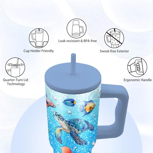 24 oz Tumbler with Handle and Straw, Sea Turtle Gifts, Stainless Steel - color: Sea Turtle 2