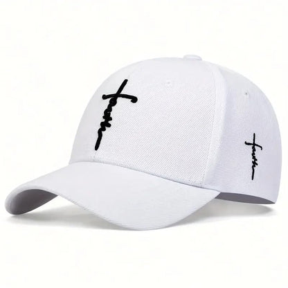 Embroidered Cross Baseball Cap, Christian Adjustable Snapback Hat for Men & Women, Structured Dad Hat with Jesus Faith Design - color: White