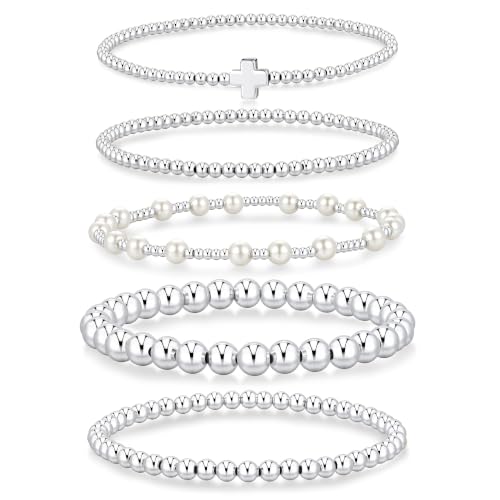 Yoosteel Gold Beaded Bracelets for Women Teen Girls, Gold Plated Jewelry - color: "Silver beaded bracelets - 5pcs