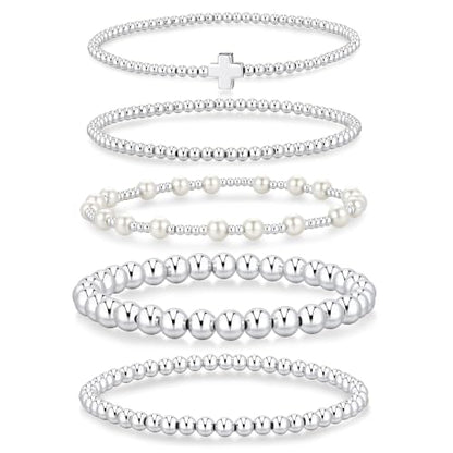 Yoosteel Gold Beaded Bracelets for Women Teen Girls, Gold Plated Jewelry - color: "Silver beaded bracelets - 5pcs