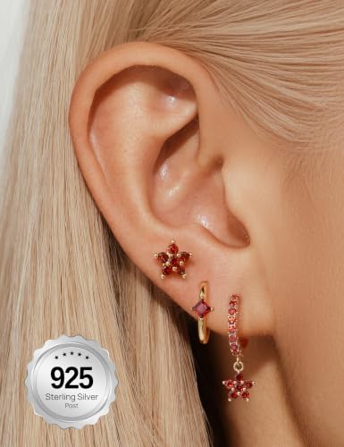 Angelady Gold Hoop Earrings Set for Women, Dainty 14K Gold Plated Flower Moon Cross Dangle Earrings, Hypoallergenic Huggie Hoop Earring Stacks, Stud Earrings for Women Trendy Jewelry Gift - color: Gold Red CZ
