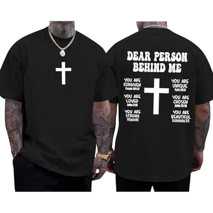 Mens Christian Bible Verse Shirts Dear Person Behind Me T Shirt Religious Jesus Inspirational Cross Graphic Tees - color: Black, size: Large