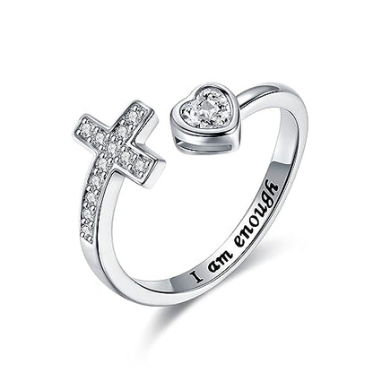 APOTIE 925 Sterling Silver Cross Ring - True Love Wait Purity Ring Cubic Zirconia Adjustable Ring Jewelry Gift for Women - style: I am enough