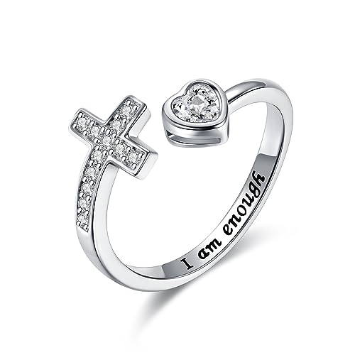 APOTIE 925 Sterling Silver Cross Ring - True Love Wait Purity Ring Cubic Zirconia Adjustable Ring Jewelry Gift for Women - style: I am enough