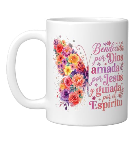 Bendecida Por Dios Amada Por Jesus Christian Spanish Floral Ceramic Mug, White - color: White, size: 11 Ounces