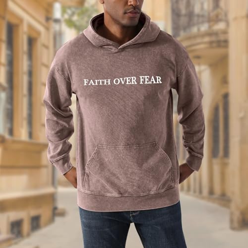 Christian Faith Over Fear Hoodies for Men Jesus Religious Graphic Sweatshirt Bible Verse Acid Wash Pullover Hoodie - color: Brown, size: Large