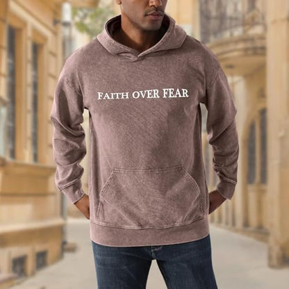 Christian Faith Over Fear Hoodies for Men Jesus Religious Graphic Sweatshirt Bible Verse Acid Wash Pullover Hoodie - color: Brown, size: Large