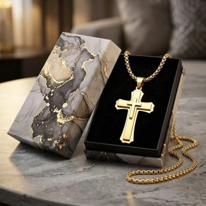 Men's Layered Cross Pendant Necklace, 2.1x1.2 inch Religious Charm, 21.6" 5mm Stainless Steel Cuban Chain, 18K Gold & Black Plated, Bonus 23.6" Square Pearl Chain, Marble Gift Box for Dad - color: Gold