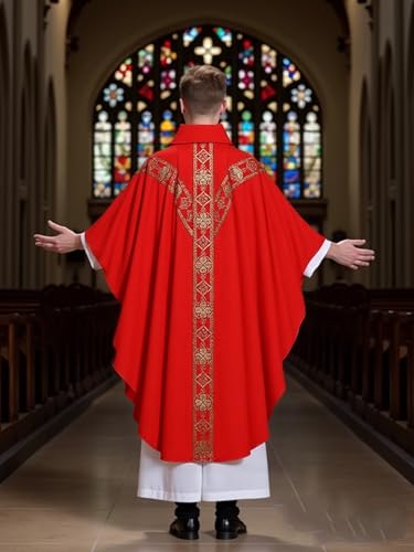 FAD-4U Church Catholic Priest Chasubles Vestments for Church Mass Vestments Robe with Stole - color: Red&gold
