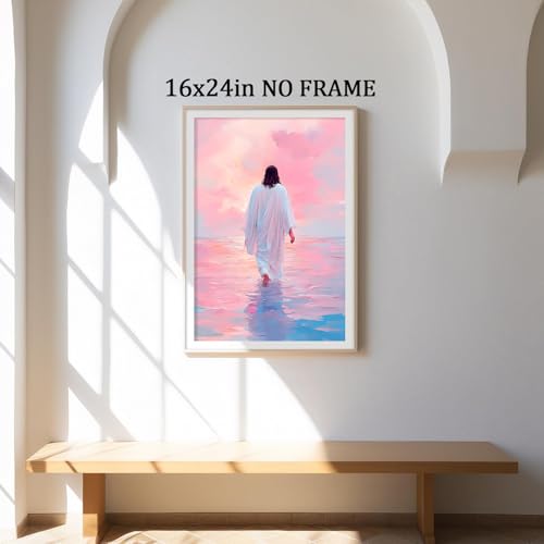 Oiyehokeul Pink Jesus Walking on Water Wall Art God Poster 16x24in No Frame - color: A5Unframed
