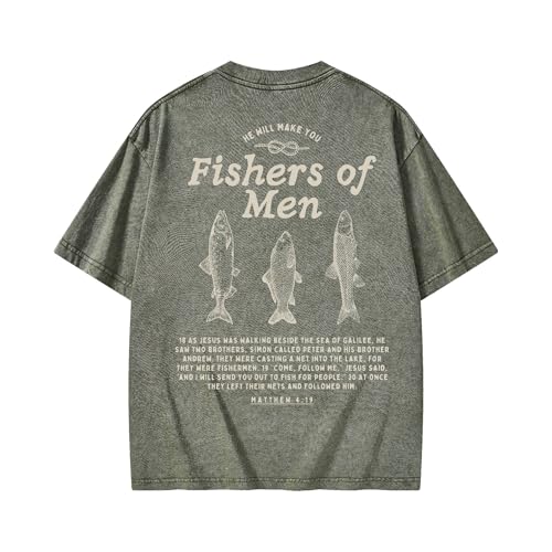 Christian Fishers of Men Shirt for Women Men Jesus Religious Oversized Graphic Tees Acid Wash Bible Verse Faith God T-Shirt - color: Army Green, size: Small