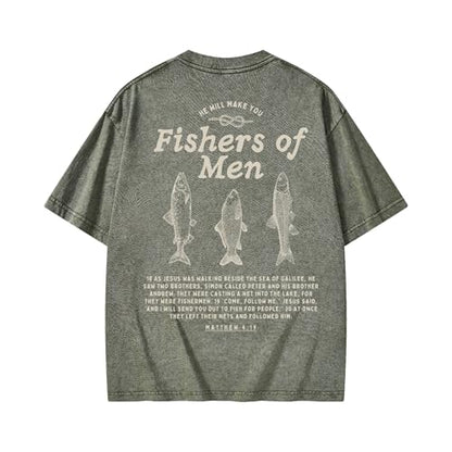 Christian Fishers of Men Shirt for Women Men Jesus Religious Oversized Graphic Tees Acid Wash Bible Verse Faith God T-Shirt - color: Army Green, size: Small