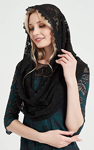 YHDDYG Infinity Veil for Catholic Mass Lace Infinity Scarf Church Veil for Girls Mantilla Infinity Veils Roses S97 - color: Black Infinity