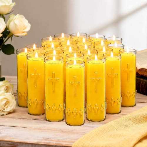 24-Pack Pure Beeswax Prayer Candles with Blown Glass Holders | Honey-Scented Smokeless Long-Burning Yellow Catholic Candles for Prayer, Church, Religious Vigil & Memorial - color: Yellow, size: 24