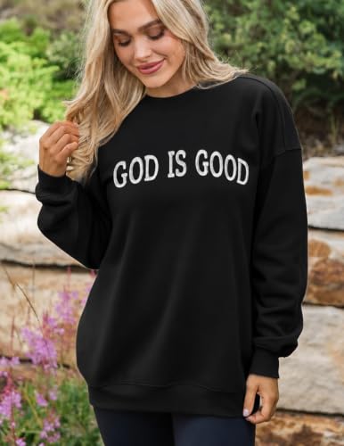 Womens God Is Good Christian Sweatshirt Oversized Crewneck Fleece Pullover - color: Black, size: Large