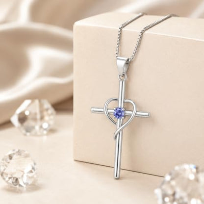 Cross Heart Necklace, 18K Gold Plated Crystal Pendant for Women - color: White-Tanzanite