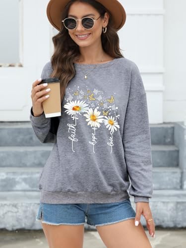 Women’s Christian Sweatshirts,Faith Hope Love Daisy Print Crewneck Long Sleeve Casual Loose Fit Sweatshirt - color: Dark Grey, size: Medium