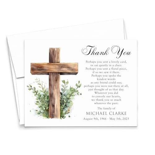 Modern Pink Paper Christian Funeral Thank You Notes Pre-Written, FLAT Religious Bereavement Thank You Cards With Envelopes, Greenery Sympathy Notecards With Cross, Your Choice of Quantity & Color - color: Cross With Greenery