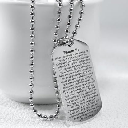 Christian Scripture Religious Dog Tag Necklace,Catholic Bible Verse Baptism Confirmation Sacrament Gifts - style: Psalms 91