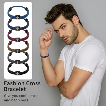 PineHaven 6 Pcs Braided Cross Bracelet for Men Women, Adjustable Christian Rope Cross Bracelet with Metal Knot Religious Gifts - color: deep color