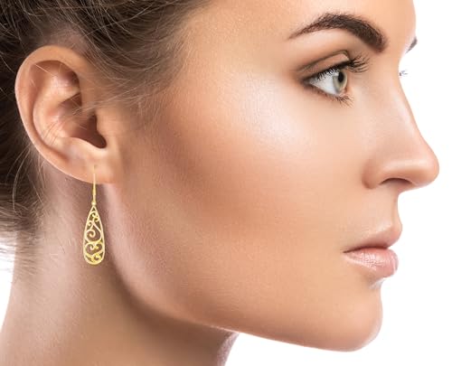 BoRuo Filigree Teardrop Sterling Silver Earrings for Women - color: Yellow Gold