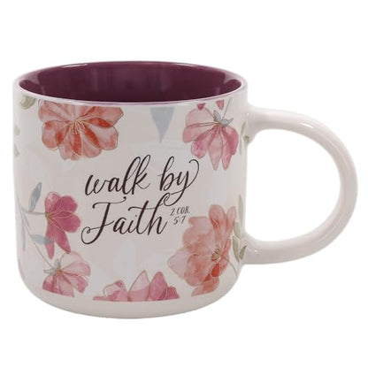 Christian Art Gifts Inspirational Scripture Ceramic Coffee & Tea Mug for Women: Walk by Faith Encouraging Bible Verse, Shiny Foil Accents, Sturdy Handle, White & Pink Multicolor Floral, 14 oz.
