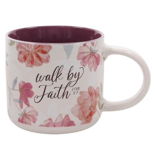 Christian Art Gifts Inspirational Scripture Ceramic Coffee & Tea Mug for Women: Walk by Faith Encouraging Bible Verse, Shiny Foil Accents, Sturdy Handle, White & Pink Multicolor Floral, 14 oz.