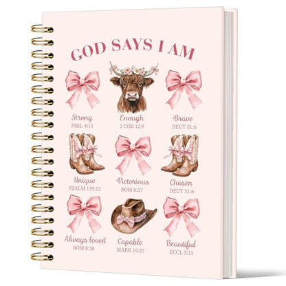 Lacama Inspirational Bible Notebook Journal, Cute Cowgirl Christian Gifts for Women, Pink God Says I am Spiral Notebook, Coquette Bow Notebook Journals, Western School Office Supplies 5.5"x8.3" - color: God Says I Am-1