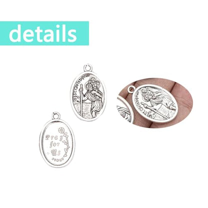 ASIJUNTYECHO St Christopher Protect Us Medal Charms, Vintage Silver Oval Religious Medals, 12Pcs Holy Catholic Rosary Pendants for DIY Jewelry Making Necklace Bracelet Keychain