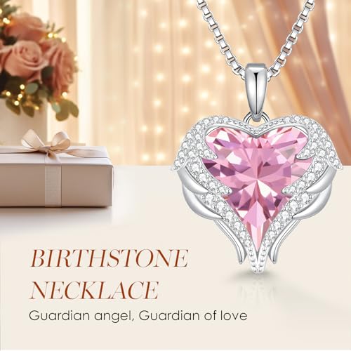 CDE Angel Wings Heart Birthstone Pendant Necklace Gift for Women - color: White-10-Opal Pink Birthstone