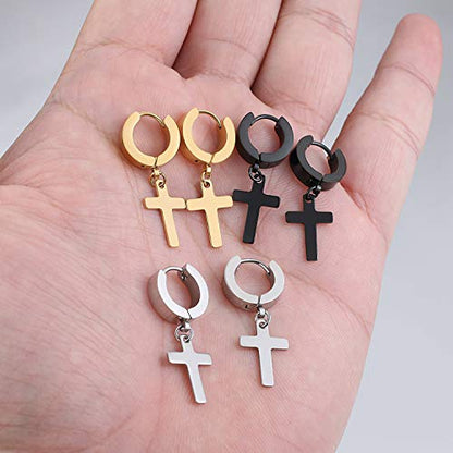 Men Women Stainless Steel Cross Earrings Set Dangle Hinged Earrings of Dangle Hinged Earrings Cross hoop Earrings - color: 3 Pairs Cross Earrings (Black+Silver+Gold) Small
