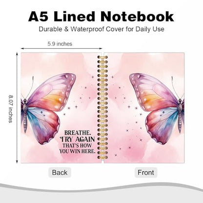 Breathe Try Again That's How You Win Spiral Notebook, Pink Butterfly Notebook for Women, Therapy Mental Health Journal for Women, Inspirational Birthday Gifts for Women Friends Sisters Boss BFF - style: Breathe
