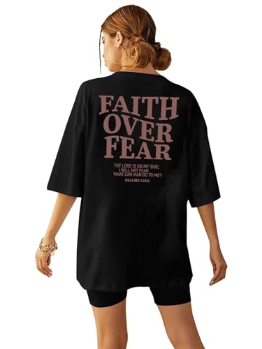 BANGELY Faith Over Fear Shirt Women Graphic Shirts Oversized Workout Gym Christian Religious Tees Drop Shoulder Tee Tops - color: Black, size: Small