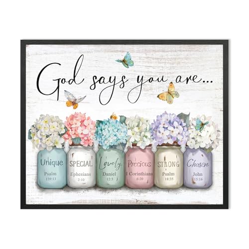 Inspirational Bible Verse Wall Art: God Says You Are Wall Decor Framed Christian Painting 24" x 30",Hydrangea Flower in Mason Jar Prints Hanging Posters Religious Bedroom Decor for Women Girls - color: God Says You Are, size: 24"L x 30"W