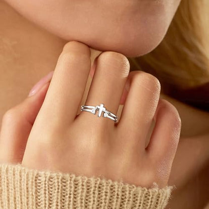925 Sterling Silver Adjustable Cross Ring for Women - color: Silver