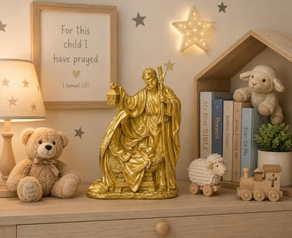 Holy Family Nativity Statue Resin Christmas Tabletop Decor Metallic Gold Religious Figurine for Mantel Shelf Centerpiece Christian Home Decorations 12" x 9"