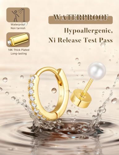 Turandoss Gold Earrings Stack for Women Teen Girls, 14K Gold Plated - color: Pearl Earring（Gold）