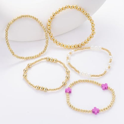 Gold Beaded Pearl Cross Bracelets Stackable Christian Stretch Jewelry Set - color: Purple