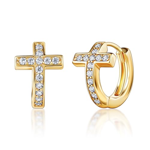 Barzel 18k Gold Plated Crystal Cross Huggies 0.5in length Earrings for Women - Made In Brazil