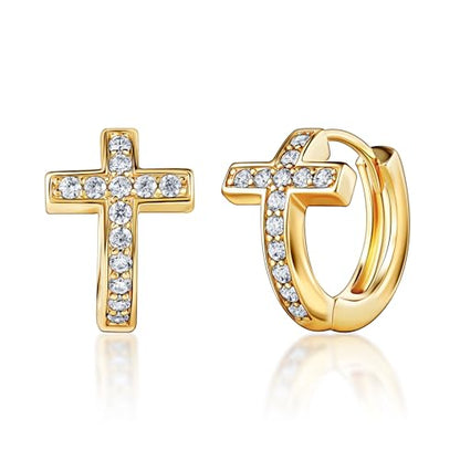 Barzel 18k Gold Plated Crystal Cross Huggies 0.5in length Earrings for Women - Made In Brazil