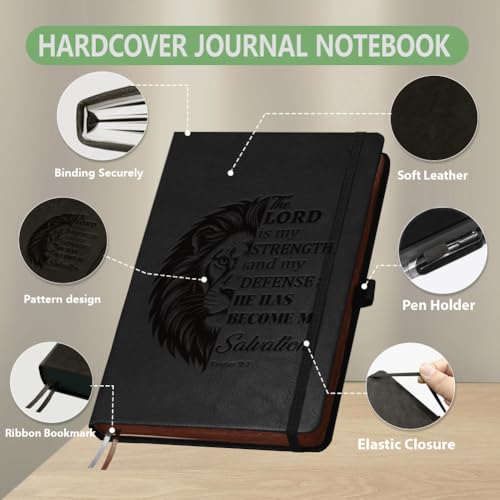 A5 Lion of Judah Bible Leather Journal, 300 Pages Lined Notebook, Black Vintage Pattern Hardcover Notebook for Travel Diary, Business, Work and School Daily Writing - style: Lion of Judah Bible