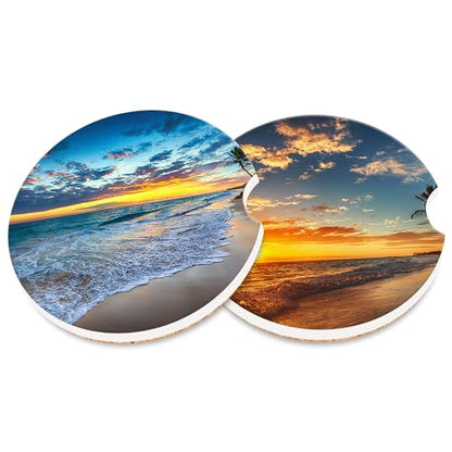 Sunrise on Tropical Beach Car Coaster for Cup Holders,Sunset Over Beach Palm Tree Car Cup Holder Coaster Ceramic Car Drink Coasters for Most Car Set of 2 Absorbent Auto Cup Holder 2.56" - color: Sunset Over Beach Palm Tree