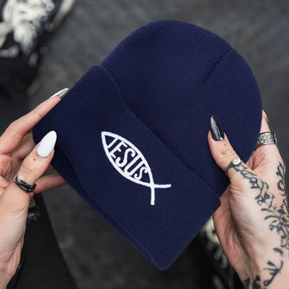 Christian Jesus Fish Beanie Hat for Men Women, Cuffed Beanie Jesus Hats, Religious Gifts for Christmas, New Years - color: Navy Blue, style: Jesus Fish