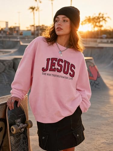 Christian Sweatshirts for Women Jesus Fleece Oversized Pullover Faith God Tops Crewneck Y2K Longsleeve - color: 3-pink, size: Medium