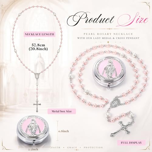 Jadive 24 sets Catholic Rosary Necklace, 6mm Glass Pearl Beads 8mm Our Father Bead Metal Gift Box for Women Men Prayer Gift - color: Pink