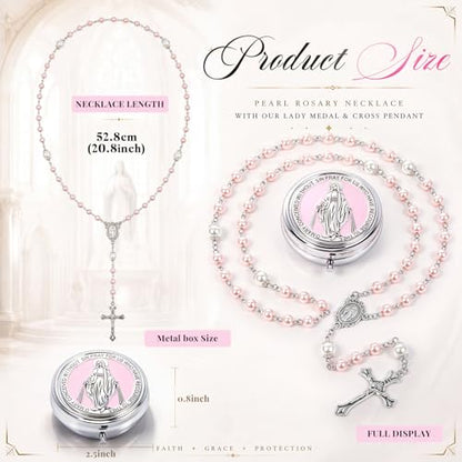 Jadive 24 sets Catholic Rosary Necklace, 6mm Glass Pearl Beads 8mm Our Father Bead Metal Gift Box for Women Men Prayer Gift - color: Pink