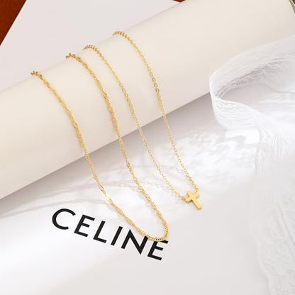 Cross Necklace for Women 14K Gold Silver Plated Small Cross Necklace Dainty Cross Pendant Choker Simple Trendy Cute Sideway Cross Charm Chain Necklaces for Women Trendy Christian Baptism Religious Faith Jewelry Gifts - size: Gold-104