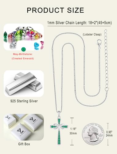 YL 925 Sterling Silver Cross Necklace for Women Halo Infinity Pendant Cubic Zirconia Jewelry for Mom - color: 05-emerald-May